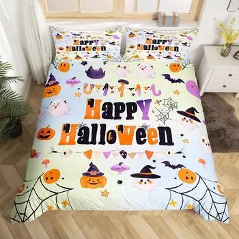 Happy Halloween Duvet Cover Double Stars Bat Ghost Cat Pumpkin Comforter Cover Cartoon Holid EU Single 135x200cm