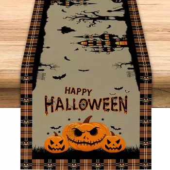 Happy Halloween Haunted House Pumpkin Льняная дорожка для стола, шарф для комода, оранжевые, черные, клетчатые дорожки для стола, украшения на Хэллоуин 150x33cm 59x13inch