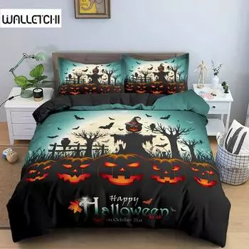 Happy Halloween King Queen Пододеяльник Оранжевый Тыквенный комплект постельного белья для детей Подростков Взрослых Летучие мыши Фестиваль ужасов Полиэстеровый пододеяльник EU single(135x200cm)