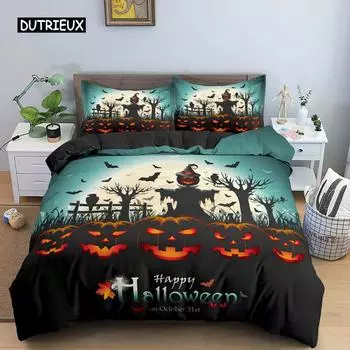 Happy Halloween King Queen Пододеяльник Оранжевый Тыквенный комплект постельного белья для детей Подростков Взрослых Летучие мыши Фестиваль ужасов Полиэстеровый пододеяльник EU single(135x200cm)