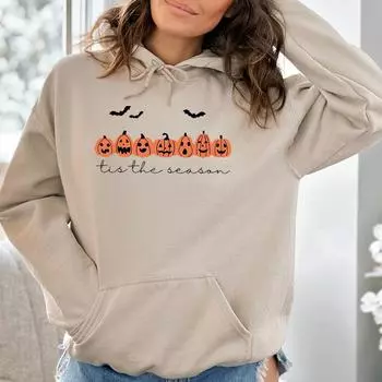 Happy Halloween Pumpkins Tis The Beason Hoodies Casual Long Sleeves Hooded Sweatshirts Cool Halloween Women Pullover Tops S