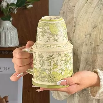 Happy Lily of The Valley Kettle Cup Home Afternoon Tea Ceramic Cup Office Retro Mug Ceramic Cup with Lid Tea Cup 700ML