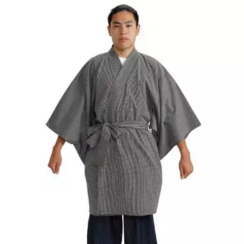 Happy Long With Sashiko LL [Edoten] Ткань, сотканная из сашико, Хантен, Нижнее белье, Хаппи, Хаори, Полуприталенный, 2WAY, Оби, 100% хлопок, Мужская, Черный, (XL)