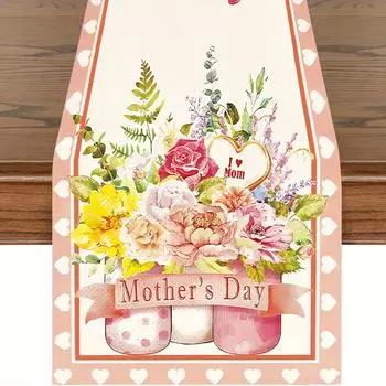 Happy Mother s Day Linen Table Runners Three Glass Mason Jar Love Mom Theme Floral Heart Pattern Table Runner Dining Table Decor 150x33cm 59x13inch