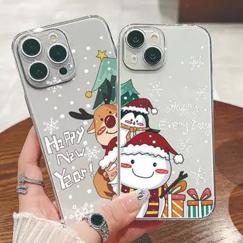 Happy New Year Christmas Santa Transparent Case For iPhone 16 Plus 15 Pro Max 14 Pro 13 12 11 Slim Clear Shockproof Glossy Hard PC Phone Cover iPhone 16