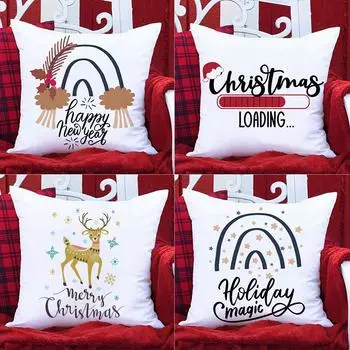 Happy New Year Santa Claus Printed Pillow Cover Home Sofa Living Room Decoration Cushion Cover Cute Cartoon Christmas Pillowcase 450mm*450mm