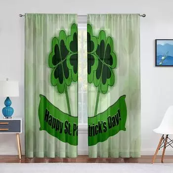 С Днем Святого Патрика, зеленая тюль с четырьмя листьями клевера для спальни, занавеска на окно, роскошное украшение, прозрачная драпировка для гостиной 1 PCS W100XH250cm&Rod Pocket