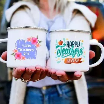 Happy Teacher s Day Enamel Mug Camping Campfire Best Original Gifts for Teacher Drink Juice Coffee Water Dessert Cocoa Mug 360ml
