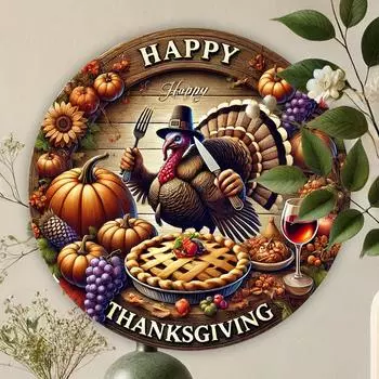 Happy Thanksgiving 2D Metal Sign: Festive Fire Turkey and Pumpkin Fall Decorations - For Home, Kitchen, Garden, Patio чёрный