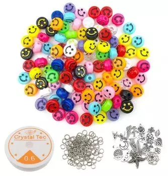 HappyHome Beads Handicraft Accessory Parts Set Smile Beads Charm Marukan with Silicone Rubber Wire DIY Handmade Bracelet Handmade Accessories