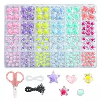 HappyHome Beads Handicraft Силиконовая проволока Эластичная нить Набор акриловых бусин Прозрачные сердечки Звезды Цветы Круг 24 типа DIY Продевание бусин ручной работы