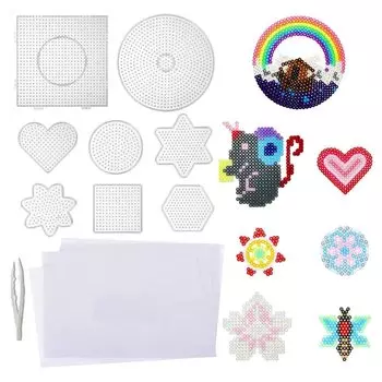 HappyHome Ironing Beads Plate 5mm 8 Piece Set Round Square Heart Hexagon Six Pointed Star Ironing Sheet Tweezers Included DIY Handicraft Craft