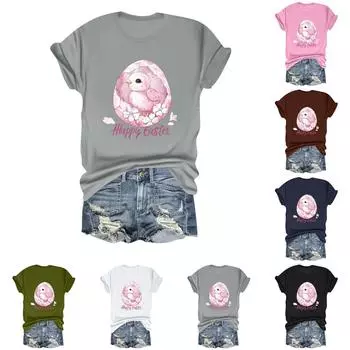 HAPYY EASTER Женская повседневная свободная футболка с пасхальным принтом и круглым вырезом, пуловер с коротким рукавом L армия зеленый