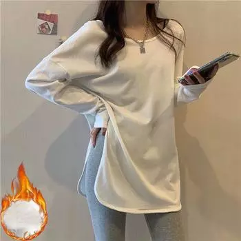 Харадзюку Нерегулярные однотонные Толстые женские футболки с длинным рукавом осень-зима повседневные футболки большого размера теплые бархатные топы y2k уличная одежда M