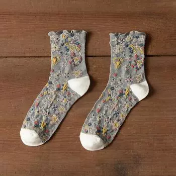 Харадзюку Ретро Женские Носки Японский Стиль Каваи Милые Носки с Рюшами Женские Этнический Стиль Вышивка Винтажная Мода Длинные Носки Носки EUR 34-39