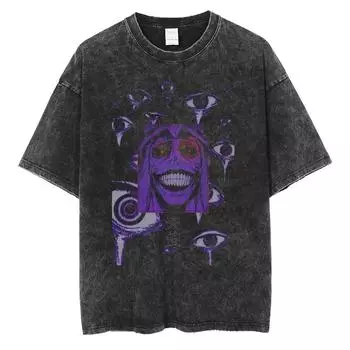 Харадзюку Уличная одежда Мужская Выстиранная Черная Футболка Аниме Графический Принт Футболка Мужская Хлопковая Футболка Оверсайз Топы Футболки S