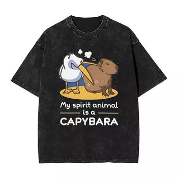 Харадзюку Выстиранная Футболка Металлический Постер Дух Свободная Футболка Животное Капибара Хиппи Футболка для Мужчин Лето Y2K Ретро Одежда M