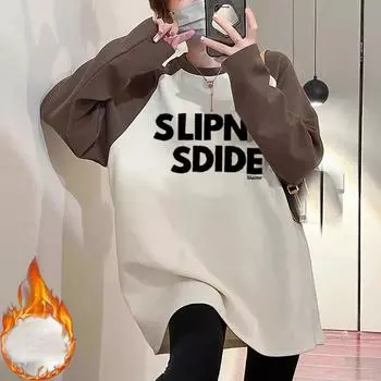 Harajukku Цветные блоки с буквенным принтом, утолщенная женская футболка с длинным рукавом, осенне-зимняя повседневная футболка большого размера, теплые бархатные топы M