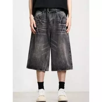 Harajuku 2000-е годы, широкие мешковатые повседневные джинсовые шорты в стиле ретро, женские свободные шорты, мужские свободные шорты 2024 года, новые корейские шорты в стиле панк большого размера S чёрный