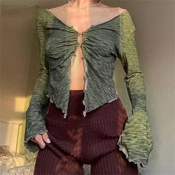 Harajuku 2022 блузки летние плиссированные футболки с длинными рукавами для женщин Топ женская футболка женская футболка топы футболка S зелёный