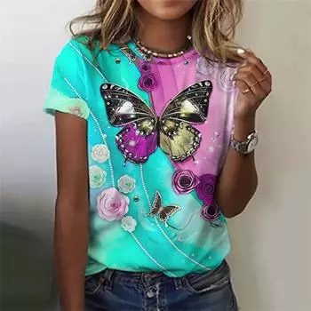 Harajuku 3D Цветочный принт Футболка Бабочки Графические футболки Женская мода Футболки Девочки Смешная одежда Одежда Короткие рубашки S