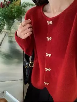 Harajuku абрикосовый бант пряжка элегантный свитер женский французский винтажный кардиган осень зима новый универсальный милый короткий вязаный пальто S красный