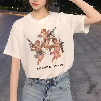 Harajuku Angel Забавная футболка женская Ullzang Эстетическая футболка Kawaii 90-х годов Футболка с рисунком мультфильма S белый