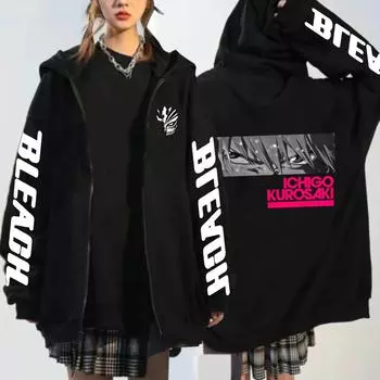Harajuku Аниме Bleach ICHIGO KUROSAKI Глаза Графический Принт С Капюшоном Мужские Женские Толстовки На Молнии Оверсайз Свитшот Мужская Куртка На Молнии XS чёрный