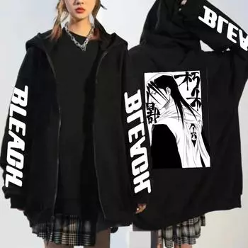 Harajuku Аниме Bleach Kuchiki Byakuya Графический принт с капюшоном для мужчин и женщин Классические толстовки с капюшоном на молнии Удобная толстовка на молнии Куртка XS чёрный