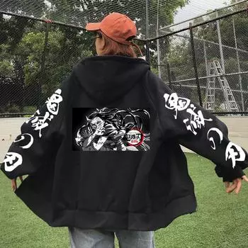Harajuku Аниме Demon Slayer Kamado Nezuko Винтажный графический принт для мужчин и женщин Толстовки с капюшоном на молнии Повседневная свободная толстовка Куртка на молнии XS чёрный