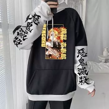Harajuku Аниме Demon Slayer Одежда Kyoujurou Rengoku Печатный капюшон для мужчин и женщин Лоскутные толстовки Harajuku Унисекс Толстовка Топы XS чёрный
