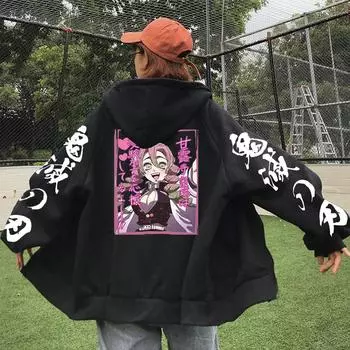 Harajuku аниме Demon Slayer толстовки на молнии унисекс оверсайз зимняя куртка на молнии Kawaii Shy Mitsuri Kanroji женские пальто с героями мультфильмов S чёрный