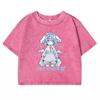 Harajuku Anime Girl Design Print Washed Crop Top Womens Street Fitness T-Shirts Summer Tees Cotton Casual Short Sleeve M