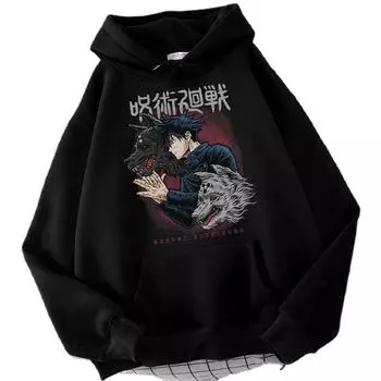 Harajuku Anime Jujutsu Kaisen Clothing Fushiguro Megumi Graphic Printed Hooded Men Women Casual Hoodies Unisex Loose Sweatshirt XS чёрный