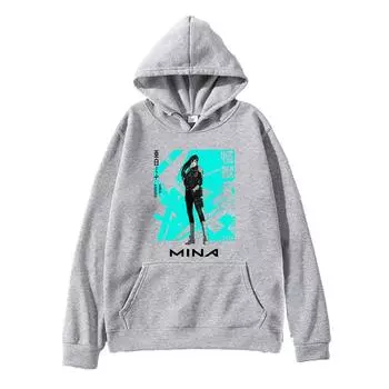 Harajuku Anime Kaiju No. 8 Ashiro Mina Print Hooded Men Women Manga Hoodies Loose Casual Sweatshirt Unisex Streetwear XS серый