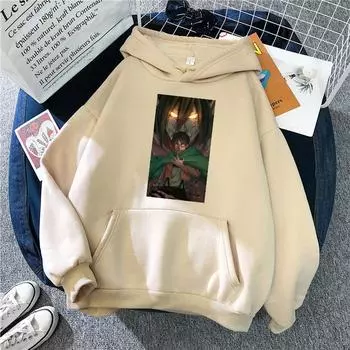 Harajuku Аниме Манга Атака Титанов Эрен Крутой Графический Принт С Капюшоном Мужские Женские Толстовки Повседневный Оверсайз Пуловер Мужской Свитшот XS чёрный
