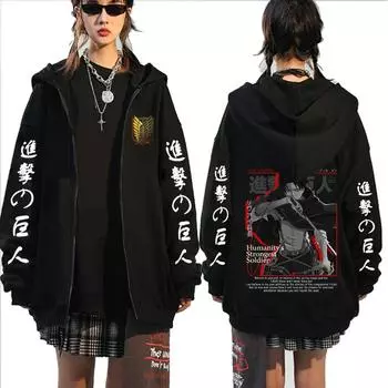 Harajuku Аниме Манга Атака Титанов Леви Графический Печатный Капюшон Для Мужчин И Женщин Толстовки На Молнии Мужской Толстовка Манга Куртка На Молнии XS чёрный