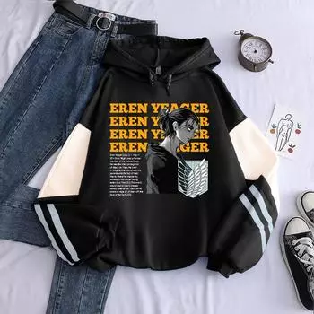 Harajuku Аниме Манга Атака Титанов Эрен Графический Печатный Капюшон Для Мужчин И Женщин Классические Толстовки С Капюшоном Оверсайз Пуловер Мужской Свитшот XS белый