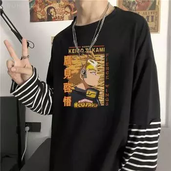 Harajuku аниме My Hero Academia Takami Keigo Hawks футболки с длинными рукавами забавный мультяшный рисунок унисекс летняя свободная футболка в полоску S ясень черный