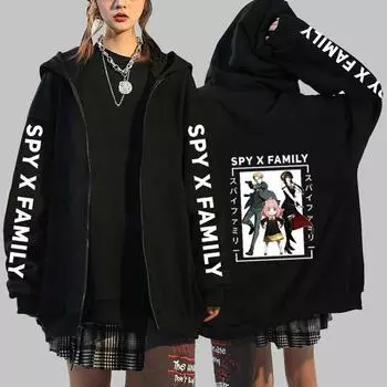 Harajuku Аниме Spy X Family Anya And Yor Графический принт с капюшоном для мужчин и женщин Толстовки с капюшоном на молнии Повседневная толстовка унисекс на молнии куртка XS чёрный