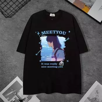 Harajuku Anime Suzume No Tojimar Daijin Мужская футболка Японские топы с принтом манги Футболка Harajuku с коротким рукавом Повседневная черная футболка S чёрный