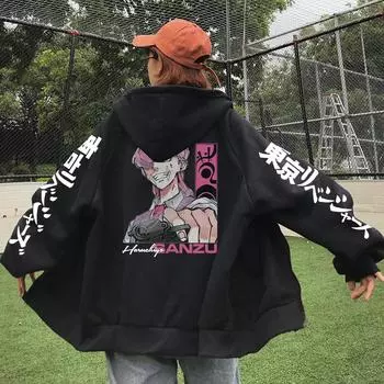 Harajuku Anime Tokyo Revengers Sanzu Haruchiyo Printed Hooded Men Women Zip Hoodies Manga Sweatshirt Unisex Zip Up Jacket XS чёрный