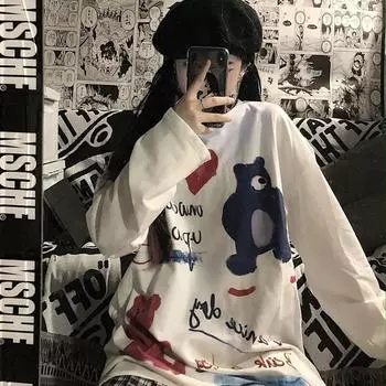 Harajuku Bear, белые футболки, женские корейские модные футболки с длинными рукавами, эмо, японская хиппи, уличная одежда, свободные топы большого размера M белый