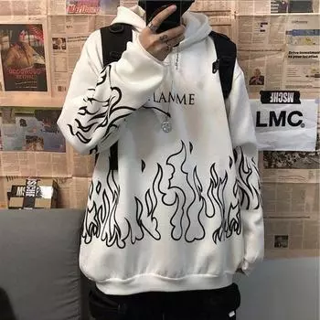 Harajuku BF Style Street Hip-hop Retro Flame Print Свободная пара с капюшоном и флисовой толстовкой S белый