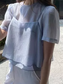 Harajuku Blue Fashion Design шифоновая рубашка для офиса для женщин корейский шик короткие поддельные топы из двух частей летние лоскутные милые топы комплекты новые S чёрный