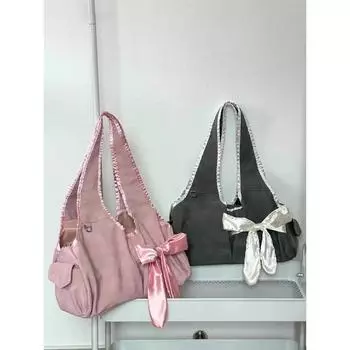 Harajuku Большая вместительная сумка-тоут для женщин Fairycore Aesthetic Bow Chic Grey Handbag Женская винтажная симпатичная сумка через плечо, новая серый