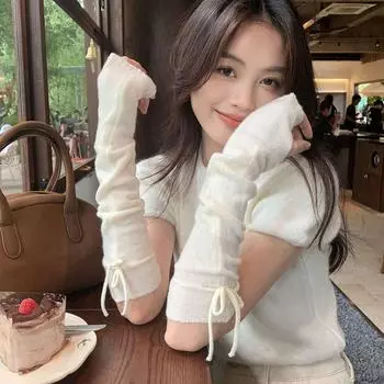 Harajuku Bow Arm Warmers Elastic Sweet Fingerless Gloves Casual Knitted Sleeves Streetwear серый