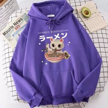 Harajuku Cat Neko Noodles Ramen Design Женские пуловеры Универсальные уличные толстовки с капюшоном Хип-хоп Флисовая толстовка Осенняя мода Спортивная одежда S