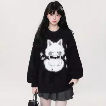Harajuku черный мультяшный кот вязаный мягкий свитер женский осенний винтажный уличный стиль топы свободные длинные рукава Y2k эстетика Pull Femme S белый