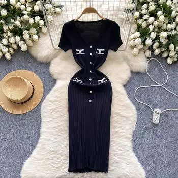Harajuku Chic Fashion Sexy Package Hips Large Stretch Knitted Dress French New Elegant V-образным вырезом Buttons Office Lady Bodycon Dresses One Size бежевый